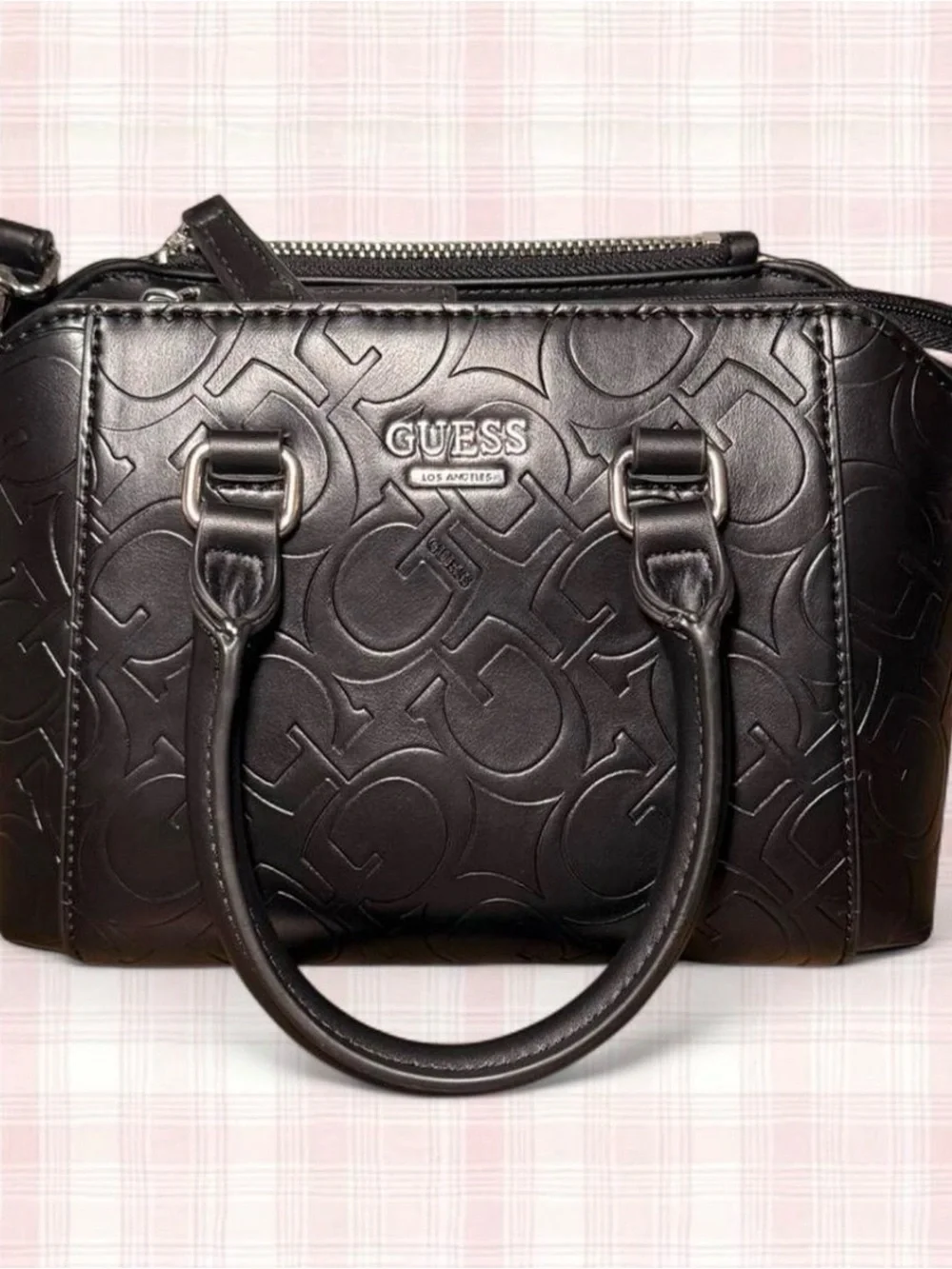 GUESS Black Embossed Logo Satchel with Top Handles
